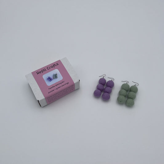Earring needle felting kit purple and green makes 2 pairs